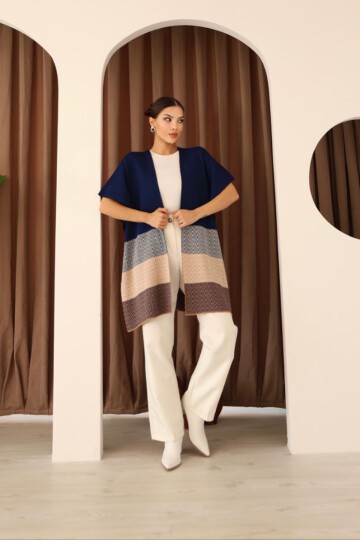 Lacivert Zigzag Desenli Renk Bloklu Geniş Kesim Hırka
