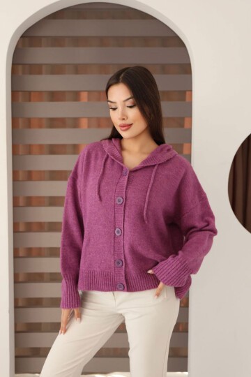 Lila Düğmeli Kapüşonlu Soft Touch Triko Hırka