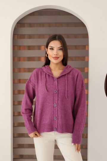 Lila Düğmeli Kapüşonlu Soft Touch Triko Hırka