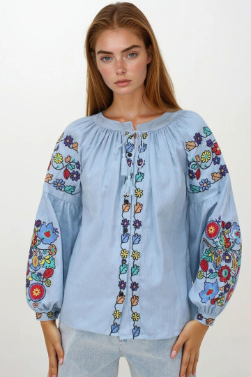 Mavi Hakim Yaka Püskül Bağcıklı Nakışlı Armürlü Dokuma Gömlek BCHESQ-251146