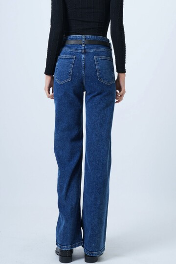 Mavi Yüksek Bel Düz Paça 5 Cepli Denim Pantolon