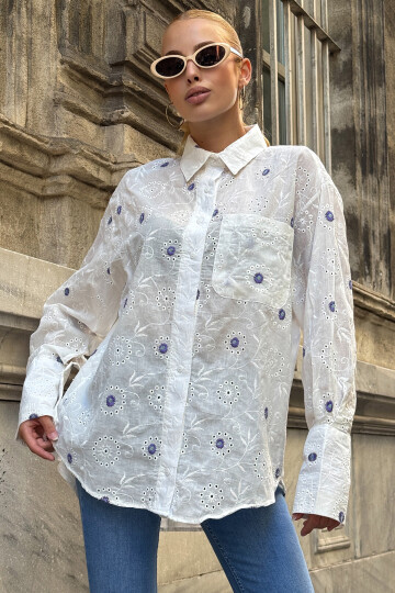 Mor Tek Cepli Önü Kısa Arkası Uzun Nakış İşlemeli Ajurlu Gömlek BCHESQ-251154