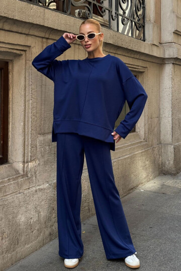 Saks Bisiklet Yaka Yırtmaç Detaylı Bluz Ve Rahat Kesim Pantolon Modal Alt Üst Takım BCVL-25V215