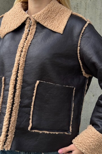 Siyah Bej Çift Cepli İçi Suni Kürklü Biker Ceket