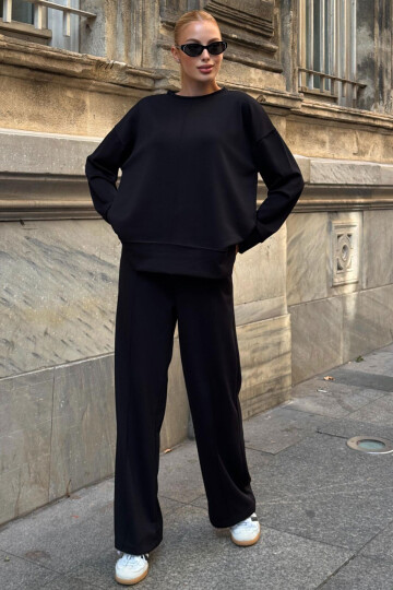 Siyah Bisiklet Yaka Yırtmaç Detaylı Bluz Ve Rahat Kesim Pantolon Modal Alt Üst Takım BCVL-25V215