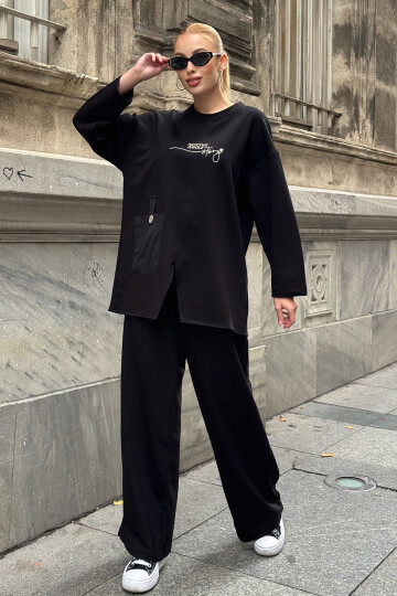 Siyah Cep Detaylı 2 İplik Örme Bluz Ve Pantolon Alt Üst Takım BCVL-25V227