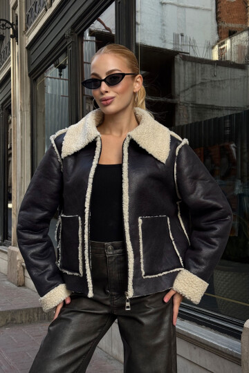 Siyah Çift Cepli İçi Suni Kürklü Biker Ceket BCVL-25V217