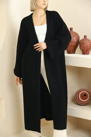 Siyah Duble Kol Uzun Tesettür Triko Hırka BCES-253000