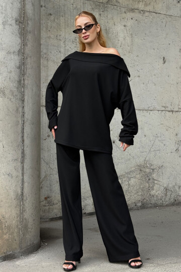 Siyah Düşük Yaka Rahat Kesim Yumuşak Dokulu Bluz Ve Pantolon Alt Üst Takım BCVL-25V234