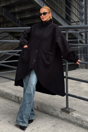 Siyah Geniş Çift Cepli Kalın Buklet Kumaş Kışlık Ceket   BCVL-25V600