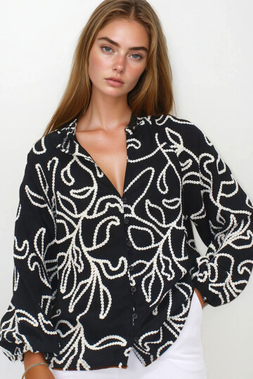 Siyah Kordone Nakışlı Premium Dokuma Gömlek BCHESQ-251149