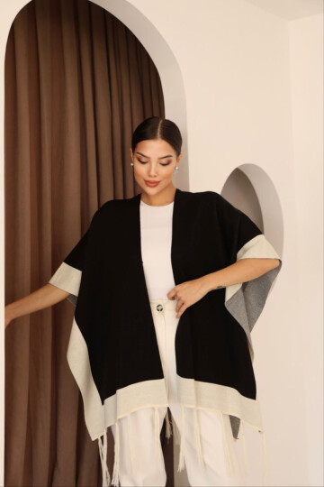 Siyah Püsküllü Renk Bloklu Kışlık Triko Şal BCES-253005