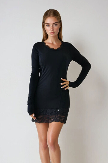 Siyah U Yaka Dantel Detaylı Uzun Kollu Mini Elbise BCHPK-251210