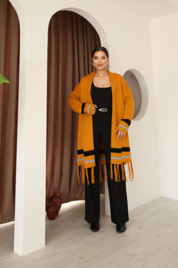 Tarçın Kahve Püsküllü Renk Bloklu Uzun Triko Hırka BCES-253002