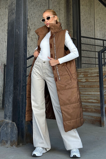 Tarçın Kahve Uzun Boy Kapitone Şişme Yelek BCVL-25NY08