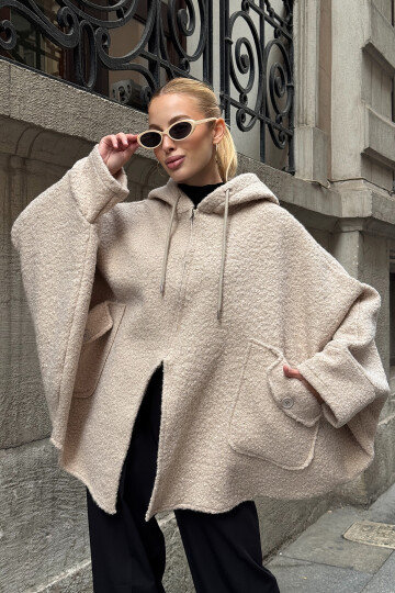 Taş Yarasa Kol Çift Cepli Oversize Buklet Ceket Mont BCVL-25V601