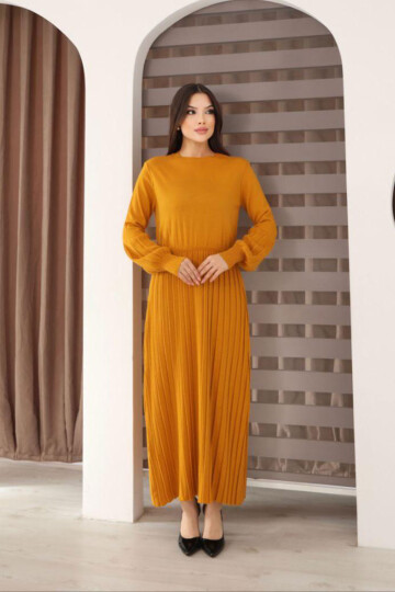 Turuncu Bisiklet Yaka Çizgili Triko Elbise BCES-253011