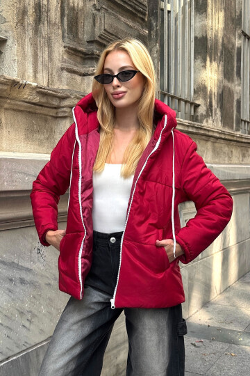 Vişne Kapüşonlu Çift Cepli Mont BCVL-25N115