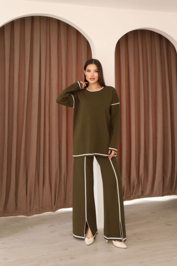 Zeytin Yeşili Çizgi Desenli Triko Kazak Ve Yırtmaçlı Pantolon Triko Alt Üst Takım BCES-253008