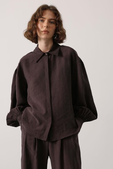 Acı Kahve Balon Kol Gizli Patlı Dokuma Gömlek BCRY-261276