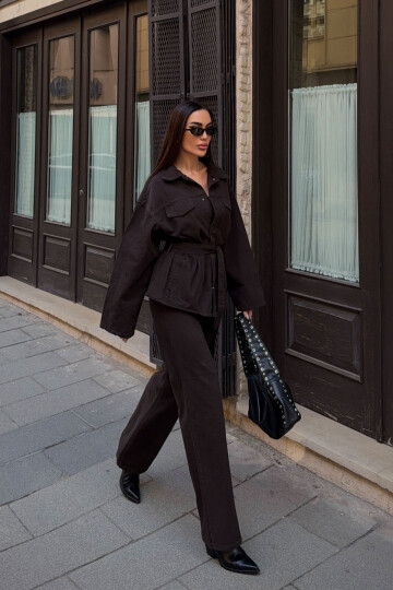 Acı Kahve Beli Kuşaklı Ceket Ve Pantolon Gabardin Takım BCDF-25DF4500