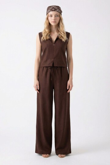 Acı Kahve Hakim Yaka Bluz Ve Beli Lastikli Dokuma Pantolon Alt Üst Takım BCHN-2626821