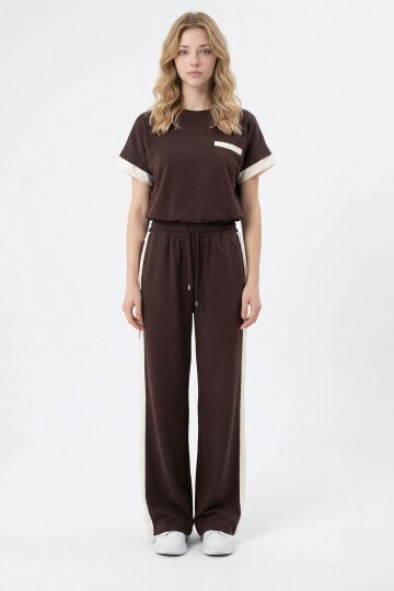 Acı Kahve Renk Bloklu Beli Lastikli Yumuşak Dokulu Kumaş Alt Üst Takım BCHN-2626133