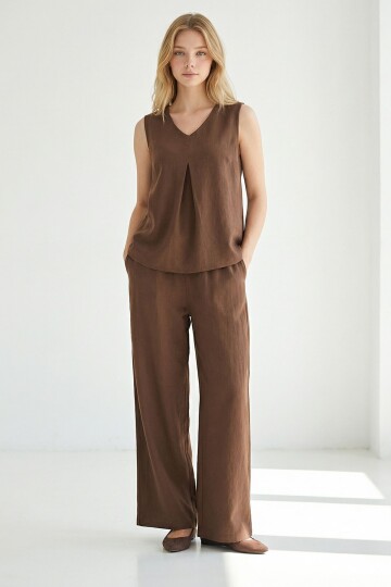 Alaçatı Keten Askılı V Yaka Keten Takım