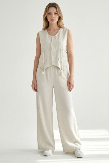 Alaçatı Keten Askılı Yanları Halat Detaylı Gömlek Takım