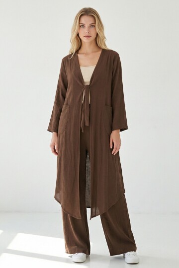 Alaçatı Keten Bağlamalı Kimono Takım