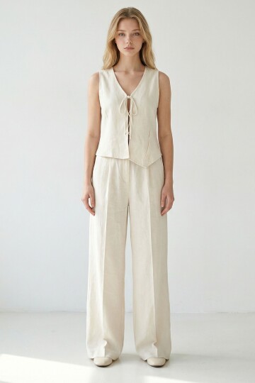 Alaçatı Keten İp Bağlamalı Yanı Düğme Detaylı Takım