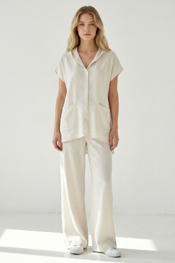 Alaçatı Keten Kapüşonlu Gömlek Takım