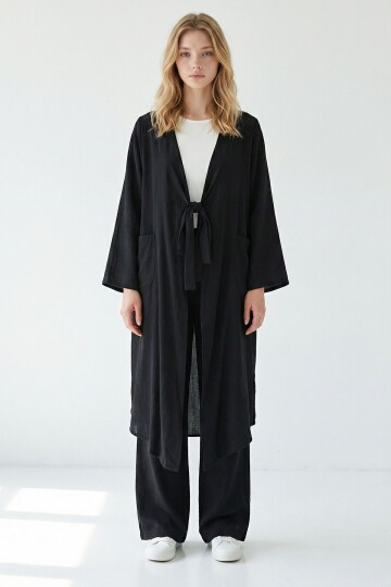 Alaçatı Keten Siyah Bağlamalı Kimono Takım