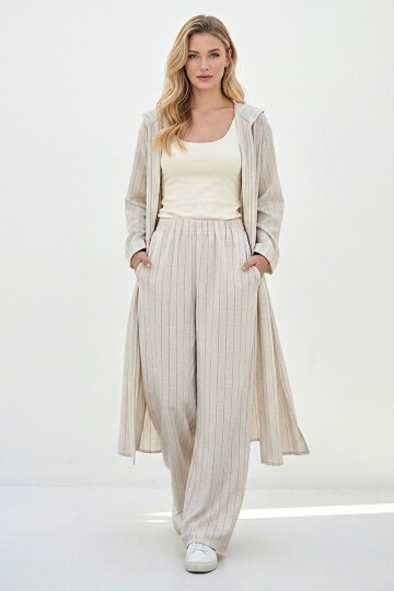 Alaçatı Keten Siyah Çizgili Kapüşonlu Uzun Takım