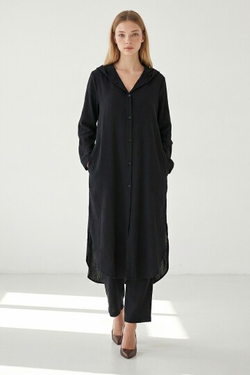 Alaçatı Keten Siyah Keten Gömlek Takım