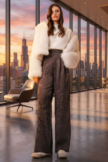 Antrasit Desenli Fermuar Kapamalı Çift Cepli Palazzo Pantolon BCHCA-251233