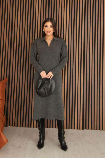 Antrasit Polo Yaka Midi Boy Triko Elbise BCES-253018