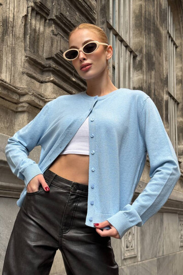 Bebe Mavi Bisiklet Yaka Düğmeli Triko Hırka BCHZCK-251267