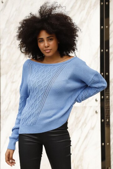 Bebe Mavi Kayık Yaka Saç Örgü Desenli Kışlık Triko Kazak BCES-253016