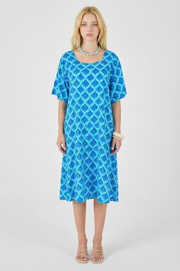 Bebe Mavi U Yaka Kısa Kollu Midi Boy Desenli Elbise