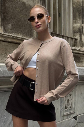 Bej Bisiklet Yaka Düğmeli Triko Hırka BCHZCK-251267