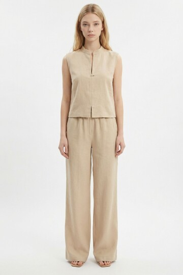 Bej Hakim Yaka Bluz Ve Beli Lastikli Dokuma Pantolon Alt Üst Takım BCHN-2626821