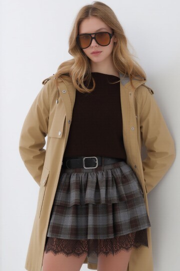 Bej Kapüşonlu Fermuarlı Çift Cepli Yağmurluk Ceket BCHNV-261269