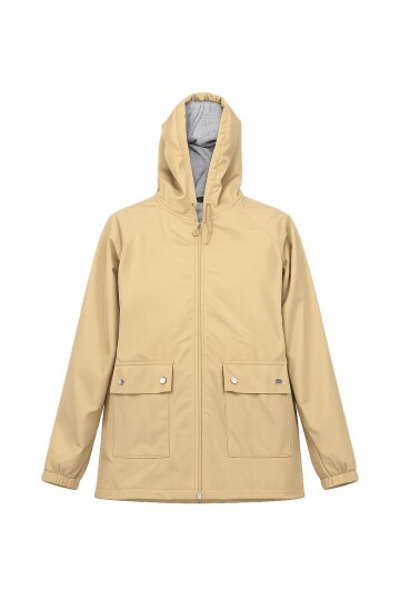 Bej Kapüşonlu Fermuarlı Çift Cepli Yağmurluk Ceket