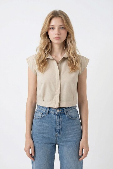 Bej Kolsuz Yazlık Poplin Dokuma Gömlek