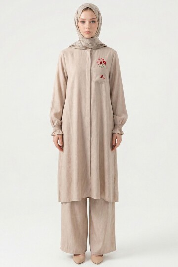 Bej Nakış Detaylı Tensel Tesettür Alt Üst Takım