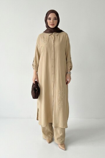 Bej Nakışlı Viskon Kumaş Tesettür Alt Üst Takım 