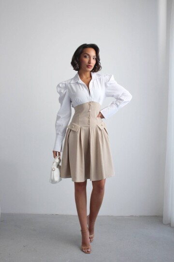 Bej Pileli Çizgili Dokuma Gömlek Elbise BCHN-2526115