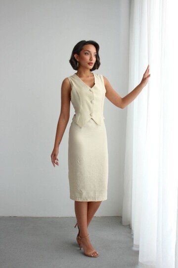Bej Tensel Kumaş Yelekli Model Elbise BCHN-2526108
