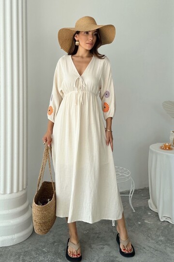 Bej V Yaka Balon Kol Bağcıklı Astarlı Uzun Elbise BCRU-261299